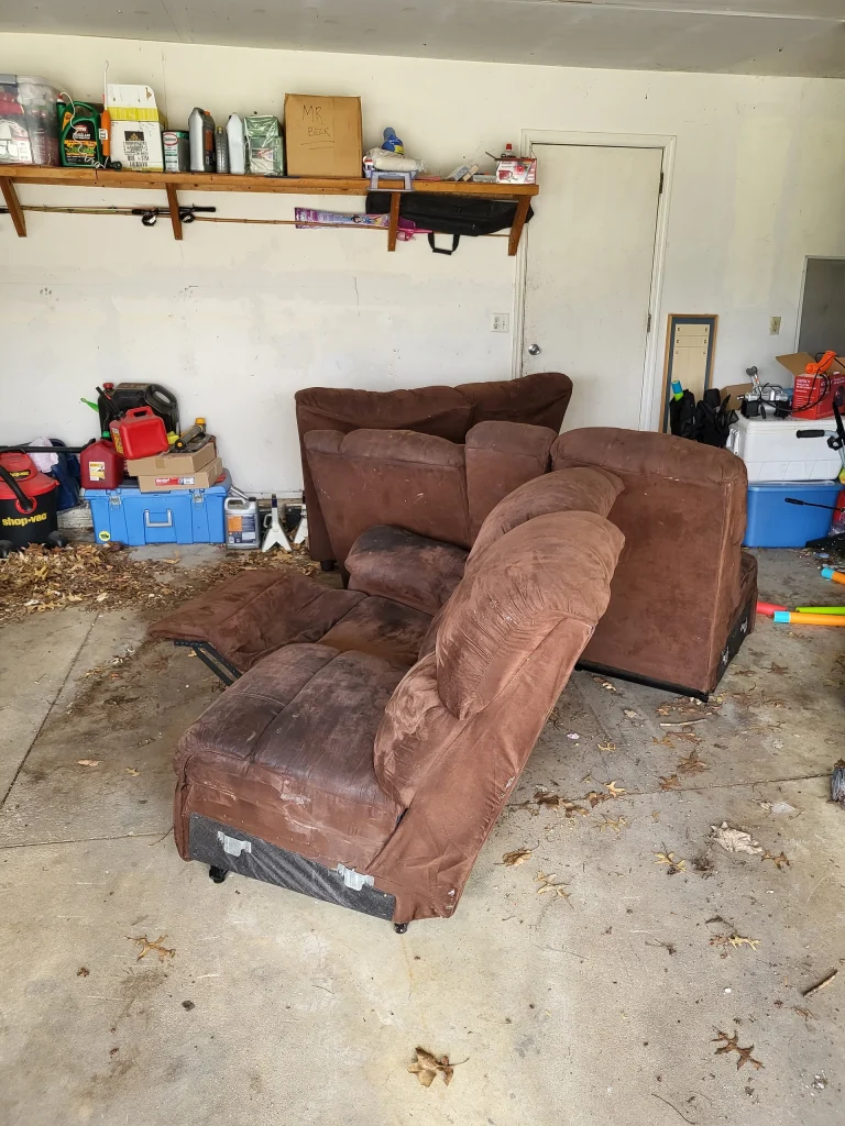 recliner sectional in garage, furniture removal, cedar rapids, eastern iowa, kj haul away